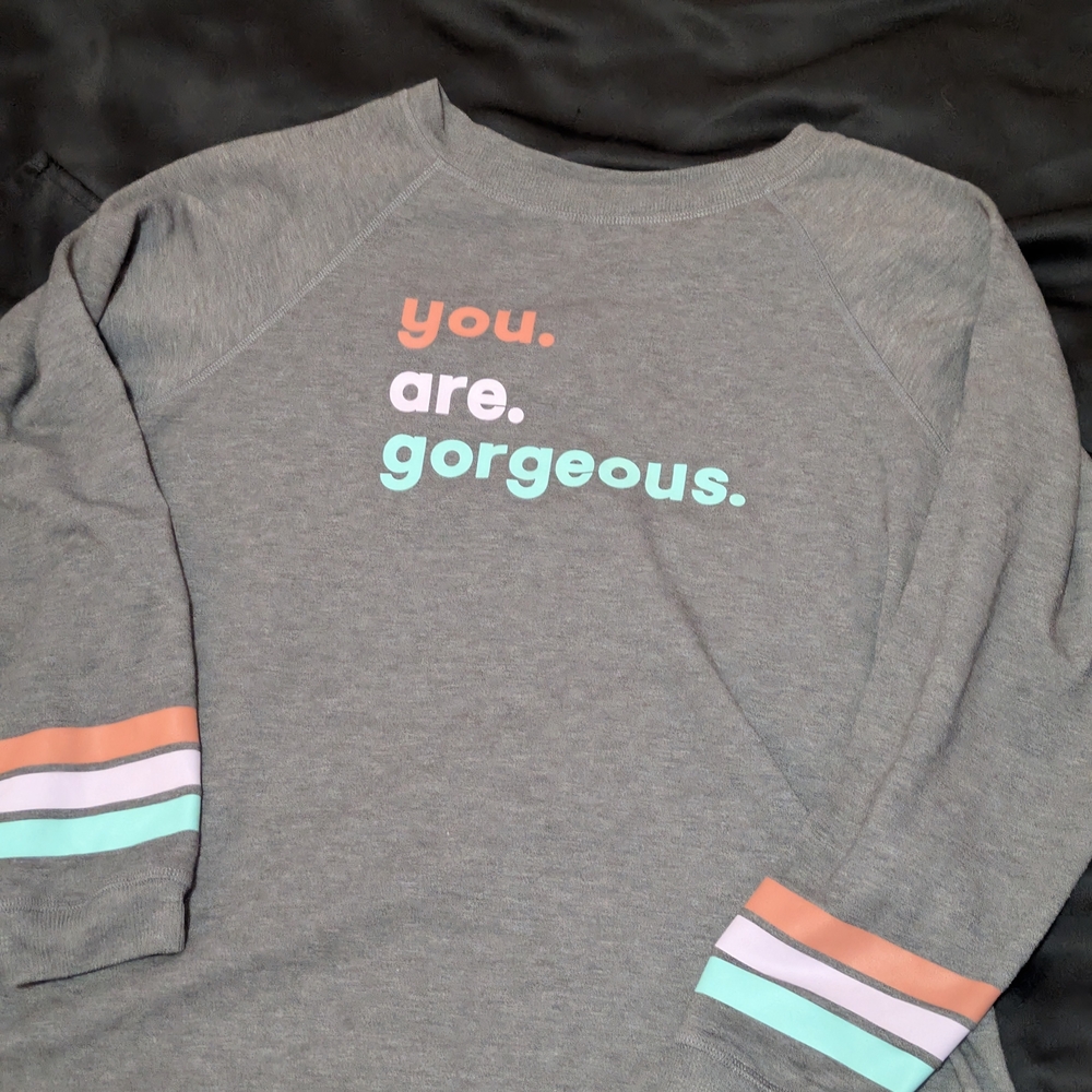 Women's Grey Crewneck Sweater with Pastel Stripe Accents
